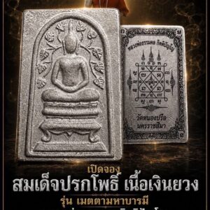หลวงพ่อธรรมดล วัดหนองปรือ สมเด็จปรกโพธิ์ เนื้อเงินยวง รุ่น เมตตามหาบารมี